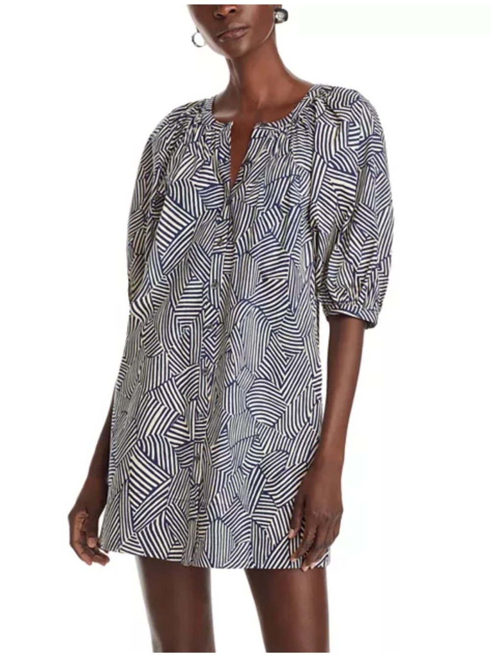 STAUD Vincent Mini Dress Small Navy Blue Ivory Abstract Print Puff Sleeve Cotton